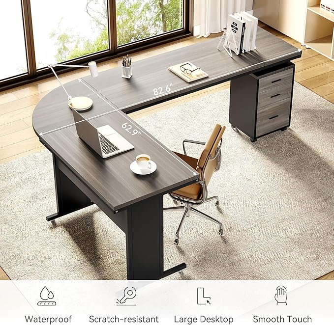 LITTLE TREE 82.67" Long Executive Desk with Drawers, Large L-Shaped Office Desk with Mobile File Cabinet, Farmhouse Computer Office Furniture Work Desk with Storage for Home Office, Gray