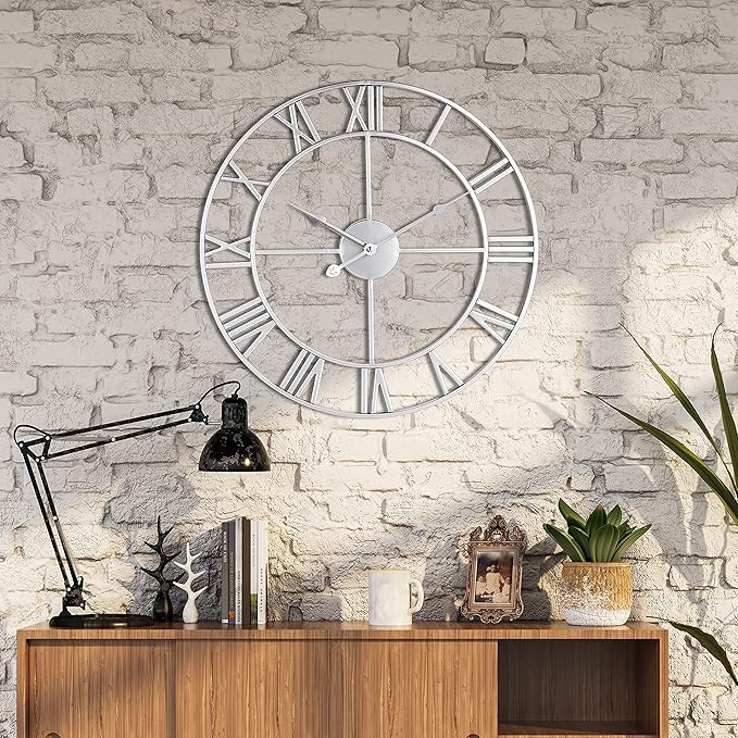 1st owned Large Wall Clock, Metal Retro Roman Numeral Clock, Modern Round Wall Clocks Almost Silent, Easy to Read for Living Room/Home/Kitchen/Bedroom/Office/School Decor (Silver, 16 Inch)