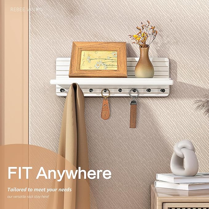 Rebee Vision Rustic Key Holder Wall Mount for Home Decor – Modern Key Hook with 8 Sturdy Hooks & Floating Shelf – Chic Wall Organizer for Entryway, Living Room, or Kitchen Decor(White)