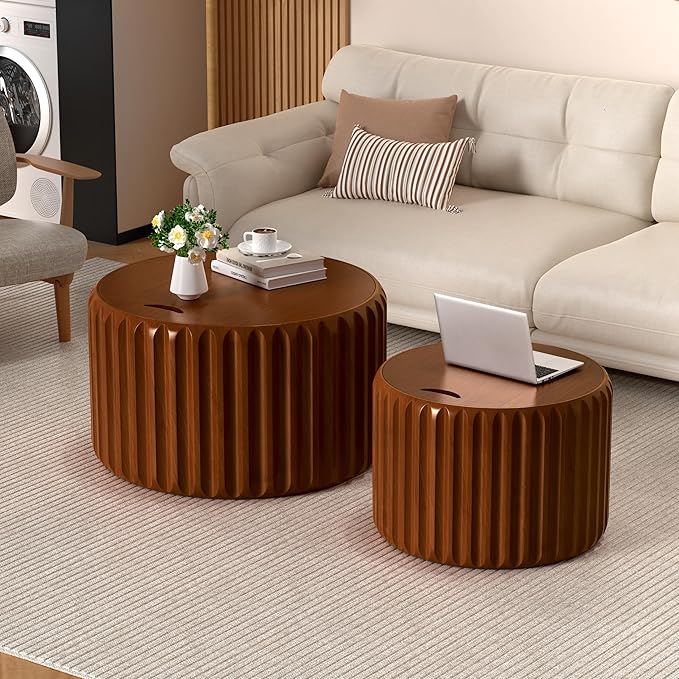 26" Round Nesting Coffee Table Set of 2 with Storage, Modern Round Wood Fluted Coffee Tables with Storage for Living Room Nesting End Table for Small Space (A Walnut)