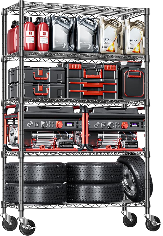 IZEUK 5-Tier Adjustable Heavy Duty Steel Wire Shelving Unit with Wheels, Storage Rack Organizer for Garage, Kitchen, Office, Laundry, Basement (Black, 17.7" D x 47.2" W x 76.7" H, 1750 lbs Capacity)