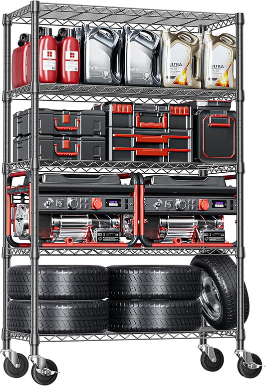 IZEUK 5-Tier Adjustable Heavy Duty Steel Wire Shelving Unit with Wheels, Storage Rack Organizer for Garage, Kitchen, Office, Laundry, Basement (Black, 17.7" D x 47.2" W x 76.7" H, 1750 lbs Capacity)