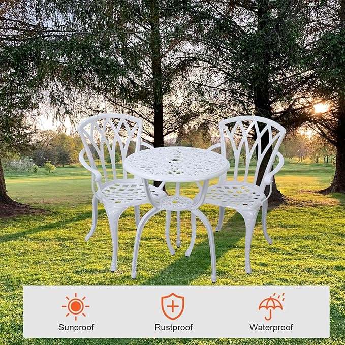 3-Piece Cast Aluminum Patio Bistro Set, Outdoor Rust-Resistant Furniture with 2 Chairs and Table (White)