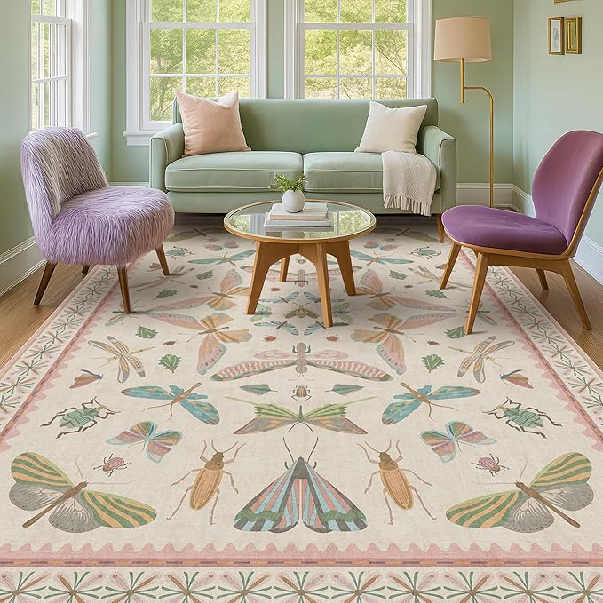 Butterfly Area Rugs 5x7 for Baby Nursery, Cute Light Pink Rugs for Bedroom Girls, Living Room, Kids Room Playroom Reading Corner, Washable Ultra Soft Stain Resistant Floral Floor Decor