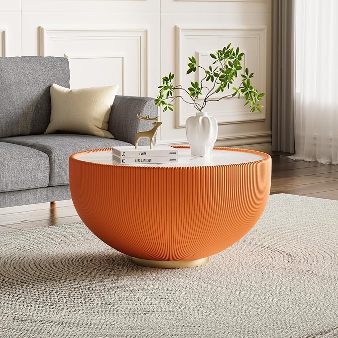 Round Coffee Table Set with Sintered Stone Tabletop, 29.53" Orange Drum Center Table and 19.69" Grey Coffee Table Set, 2 Pieces Living Room Table Set with Fluted PU Leather Cover& Metal Base