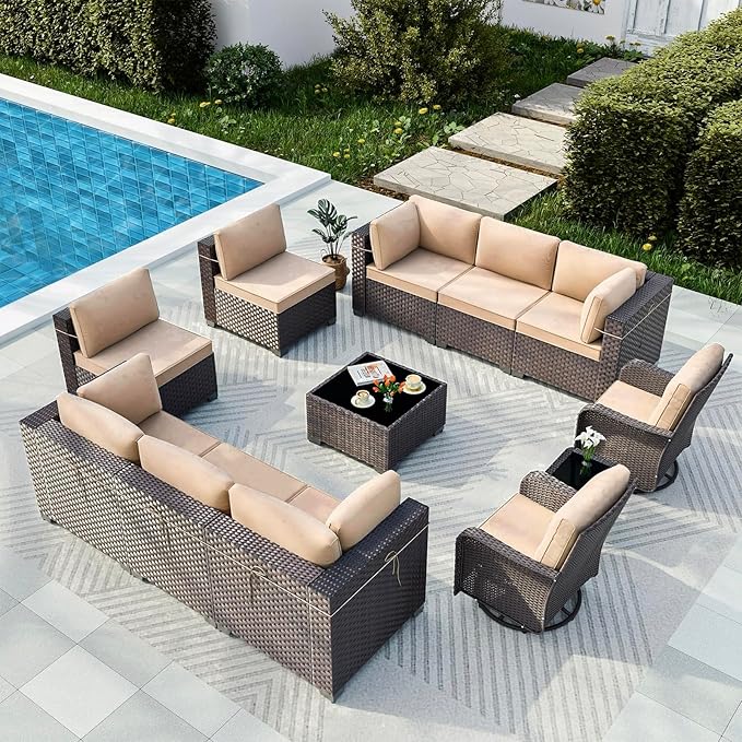 Gotland 12 Pieces Patio Furniture Set with Swivel Chair, PE Rattan Outdoor Furniture with 29.5'' High Backrest 4’’ Thick Cushions Coffee Table, Patio Set for Porch, Deck, Backyard, Khaki