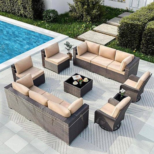 Gotland 12 Pieces Patio Furniture Set with Swivel Chair, PE Rattan Outdoor Furniture with 29.5'' High Backrest 4’’ Thick Cushions Coffee Table, Patio Set for Porch, Deck, Backyard, Khaki