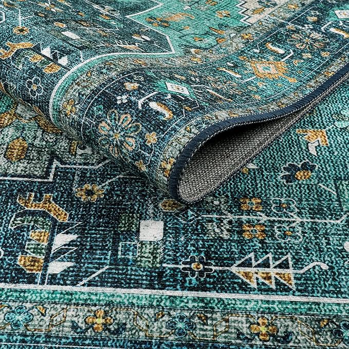 Moynesa Ultra-Thin Washable Teal Non Slip Bathroom Rug - 2x6 Laundry Room Mat, Machine Washable Non-Slip Pet Friendly Carpet Runner for Camper RV Foyer Kitchen Hallway