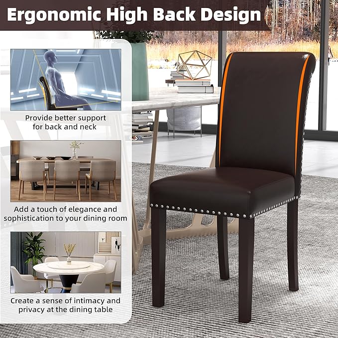 Westice Dining Room Chairs Set of 8 Upholstered PU Leather Kitchen Chairs Dining Room Side Chair with Nailhead Trim and Rubber Wood Legs for Small Space Apartment, Brown