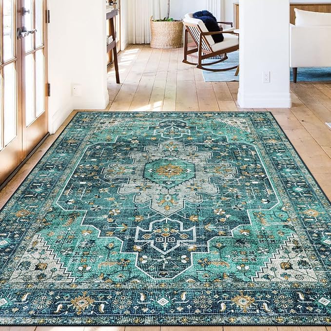 Moynesa Ultra-Thin Washable Vintage Area Rug - 6x9 Teal Large Dining Room Rug for Bedroom, Non-Shed Living Room Mat, Indoor Oriental Medallion Hardwood Floor Carpet for Office Home Decor