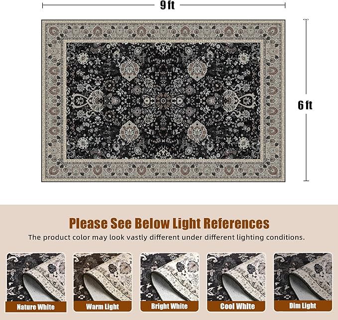 Deerly 6x9 Vintage Rugs for Dining Room, Washable Rugs Non Slip Large Area Rug for Living Room Bedroom Office, Floor Decoration Big Rug Mat Low-Pile Kid & Pet Friendly(Blcak Navy Multi