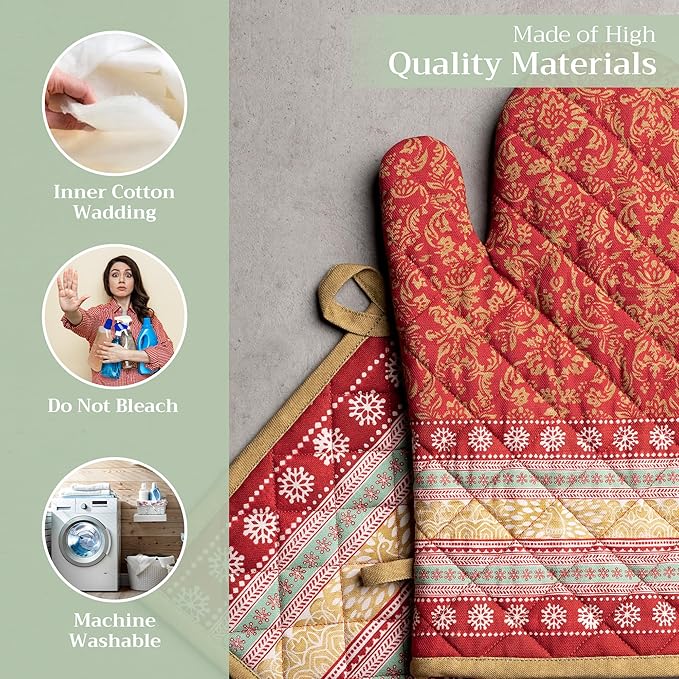 Maison d' Hermine 100% Cotton Oven Mitt & Pot Holder Set (7.5"x13" & 8"x8") Heat Resistant BBQ Cooking Gloves with Loop for Thanksgiving Christmas Decorations Handling Hot Pans (Sofia)