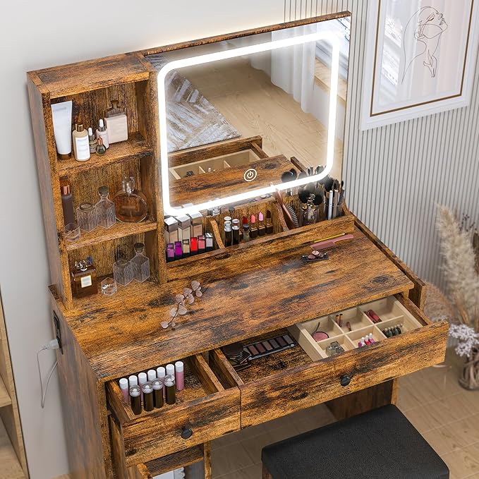 IRONCK Vanity Desk with LED Lighted Mirror & Power Outlet, Makeup Table with Drawers & Cabinet,Storage Stool,for Bedroom, Vintage Brown