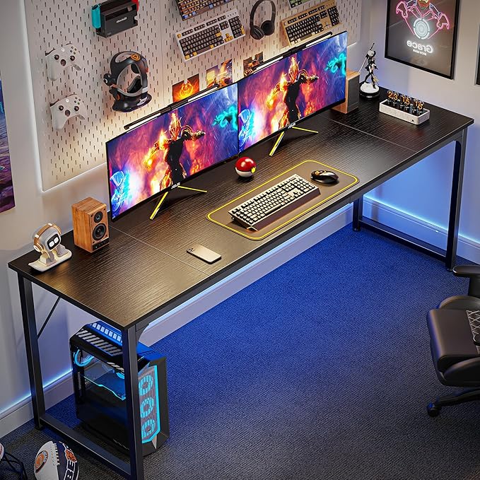 Huuger Computer Desk, 80 Inch Office Desk, Gaming Desk with Storage, Writing Desk Work Desk for Home Office, Study, Long Simple Desk, Large Legroom, Metal Frame, Black