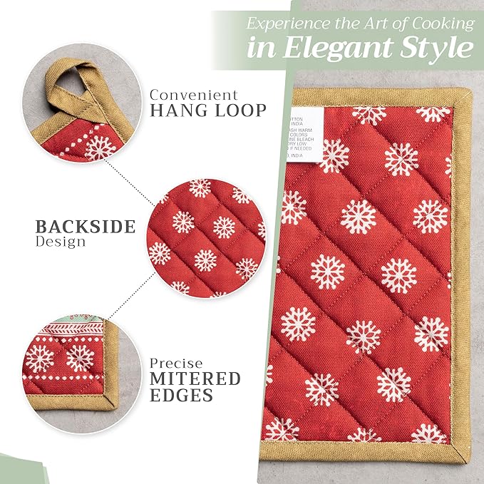 Maison d' Hermine Pot Holders 100% Cotton Heat Resistant Potholders 8" x 8" Hot Pads with Loop for Thanksgiving Christmas Decorations BBQ Cooking Baking Handling Hot Pans (Pack of 1, Sofia)
