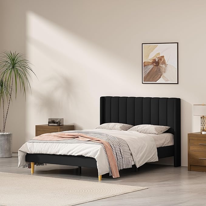 Full Size Upholstered Platform Bed Frame with Modern Wingback & Vertical Panel Headboard, Linen Fabric, Wooden Legs & Slats Support, No Box Spring Needed, Noise-Free & Easy Assembly, Black