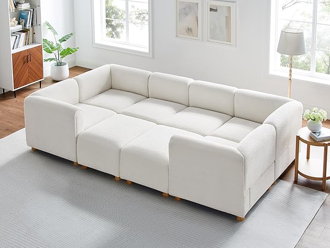 VANOMi Oversized Modular Sectional Sofa, Sleeper Sectional Couches for Living Room, 8 Seats Modular Sofa with Reversible Chaises, Cream White