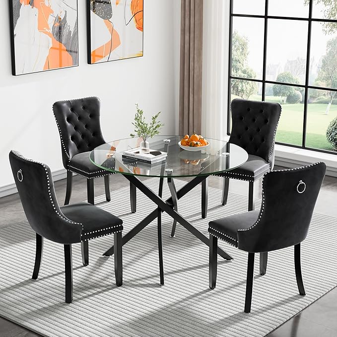 36" Round Glass Dining Room Table for 4 with Tempered Glass Top and Black Metal Legs, Modern Clear Kitchen and Dinner Table for Home Office Dining Room