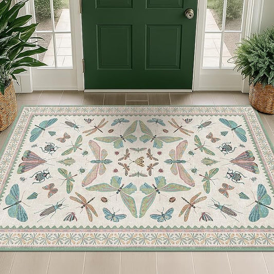 Washable Sage Green Large Entryway Rug, 3x5 Area Rugs for Laundry Room, Kitchen, Bedroom, Dorm, Insect Print Vintage Floral Non-Slip Throw Rug Low Pile Stain Resistance