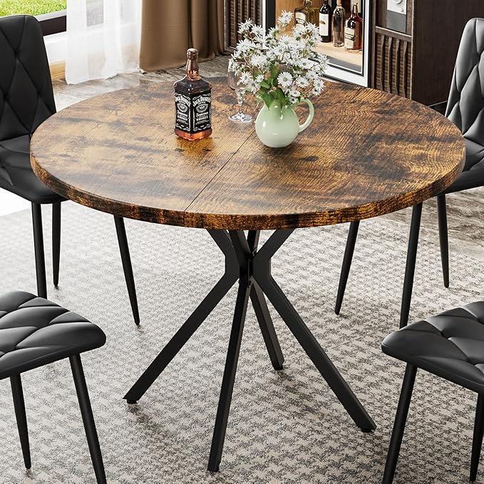 Round Dining Table: 39" Modern Brown Table with Black X Base for 4-5 People, Perfect for Small Spaces & Apartments