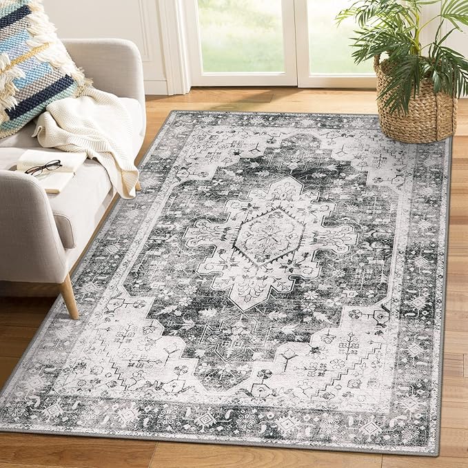 Moynesa Ultra-Thin Washable Area Rug - 4x6 Grey Living Room Rug Oriental Entryway Mat, Non Slip Non Shedding Pet Friendly Bedroom Carpet for Apartment Office Entrance Kitchen