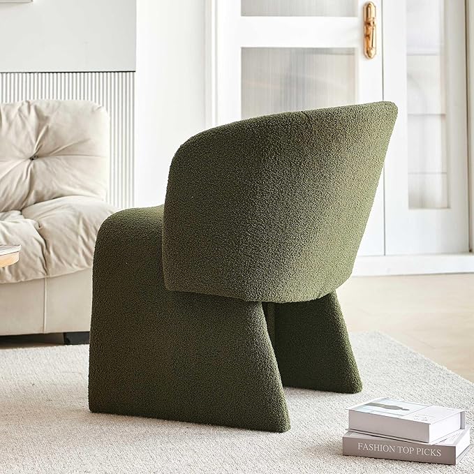 Modern Dining Chair Green Upholstered Barrel Home Kitchen Chair with Metal Frame, Comfy Accent Chair Teddy Velvet Single Sofa Chairs for Living Room,Bedroom
