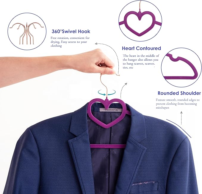 Dark Purple Velvet Hangers 50 Pack, Premium Heart Hanger Non-Slip Felt Hanger, 360° Swivel Rose Gold Hooks, Space Saving Slim Hangar, Durable & Cute Clothes Hanger for Adult