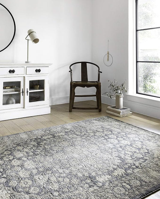Loloi Teagan Collection TEA-01 Denim/Mist 5'-3" x 7'-6" Area Rug, Large, Soft Neutral Rug, High-Traffic for Living Room, Bedroom, Home Office, Dining Area
