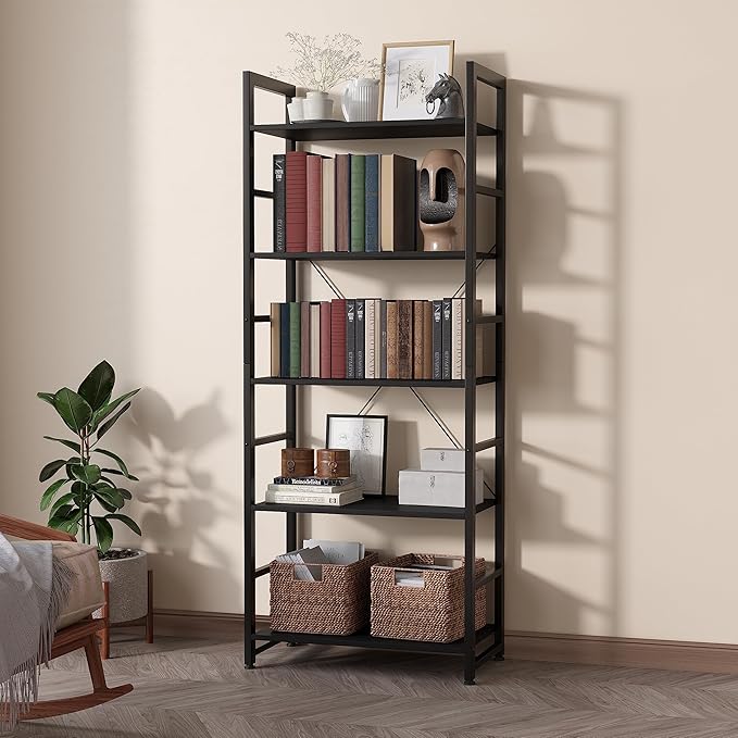 24" Bookshelf, 5-Tier Ladder Shelf, Industrial Bookcase, Wooden and Metal Storage Rack, Shelving Unit for Living Room Entryway Office, Black Book Shelves