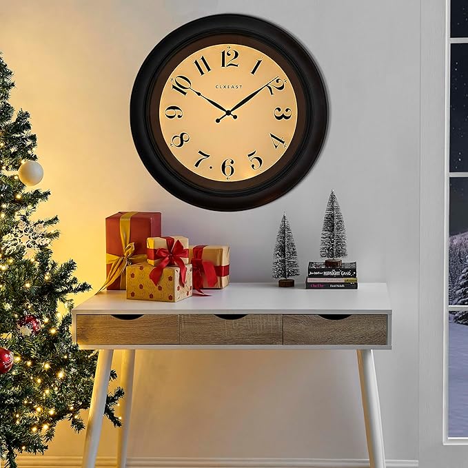 CLXEAST 18 Inch Large Illuminated Wall Clock with AI Smart Night Light Sensor,Modern Farmhouse Wall Clocks for Living Room,Bedroom,Bathroom, Kitchen, Home Office,Oil Rubbed Bronze Black