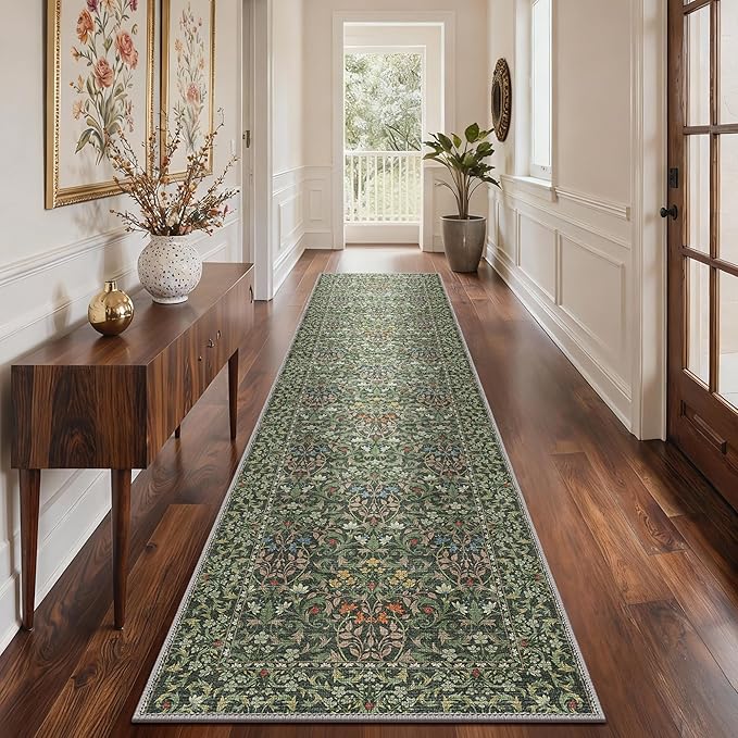 GENIMO Floral Washable Runner Rug 2’6”x10’, Non-Slip Long Hallway Carpet for Entryway, Kitchen, Indoor Floor Use, Vintage Boho Soft Thin Rug Décor, Emerald Green