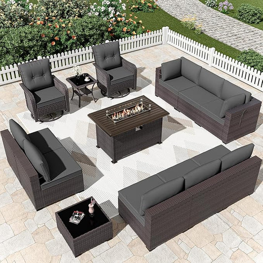 Kurapika 13 Pieces Patio Furniture Set, Rattan Wicker Outdoor Conversation Sets w/43in Propane Fire Pit Table, Swivel Rocking Chairs Patio Sectional Sofa w/4 Inch Cushion, Grey