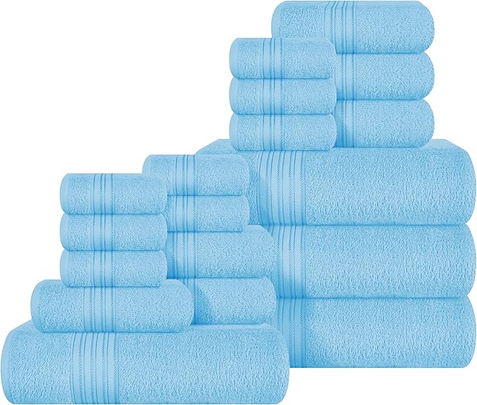BOUTIQUO 100% Cotton Towel Set, Contains 4 Soft Bath Towel, 6 Hand Towels, 8 Wash Cloths - Compact Absorbent Lightweight & Quickdry Towels for Bathroom - 18 Piece Bathroom Towel Set - Sky Blue