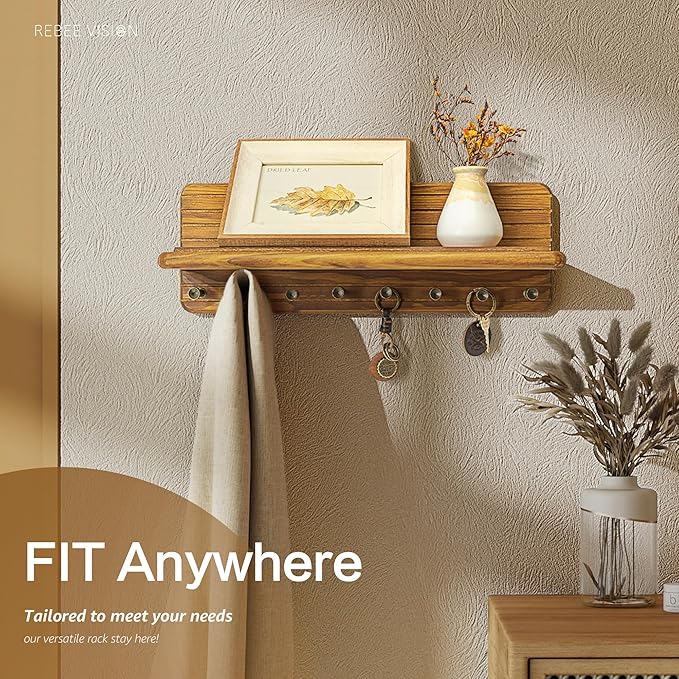 Rebee Vision Farmhouse Key Holder Wall Mount for Room Decor – Modern Key Hanger with 8 Durable Hooks & Floating Shelf Suitable for Perfume Storage– Mail Organizer for New House Essentials(Yellow)