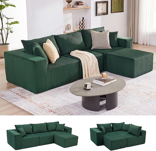 107.4" Cloud Couch Sectional, Modular Sofa with Deep Seat, Plush Corduroy L Shaped Boneless Couch, Convertible Sectional Couches for Living Room, 4Seat, Green