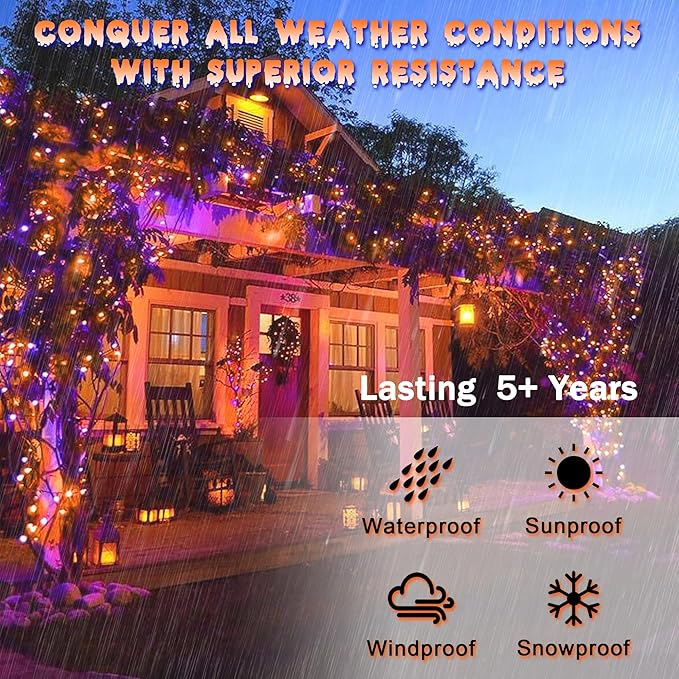 Halloween String Lights for Outside, 200 LED 66 FT String Lights with 8 Lighting Modes & Timer, Indoor Outdoor Halloween Decorations for Patio Yard Fence Deck Balcony Garden Decor (Purple & Orange)