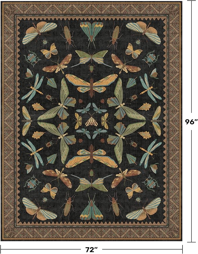 Dark 6x8 Insect Area Rug for Living Room - Vintage Washable Rugs for Dining Room Under Table, Low Pile & Soft Boho Bedroom Decor, Butterfly Non Slip Foldable Carpet