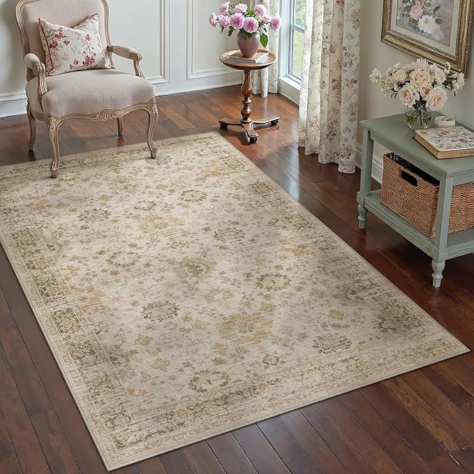 Beige 3x5 Area Rug Non Slip Vintage Office Entryway Rug Distressed Machine Washable Kitchen Carpet Retro Traditional Floral Accent Throw Door Mat for Bedroom Bathroom Dining Living Room