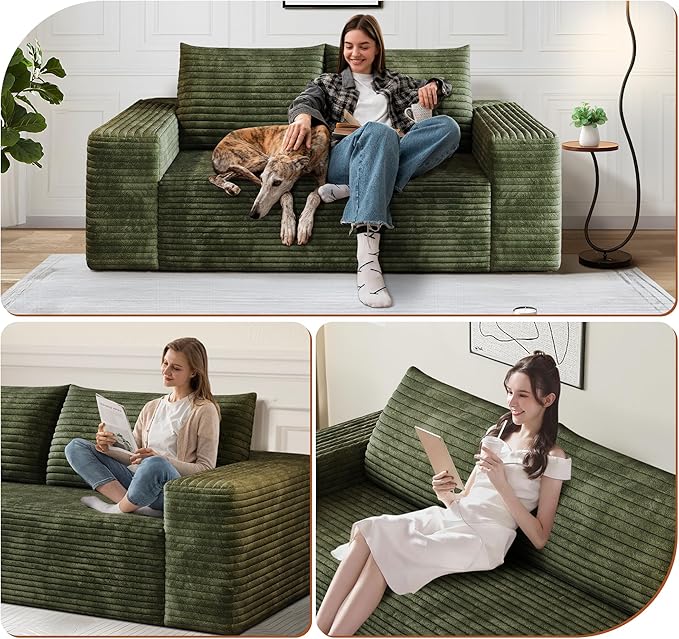 63" Corduroy Loveseat Sofa, 2-Seater Cloud Couch, Boneless Couch in a Box, Comfy Deep Seat Sofa with Memory Foam, Pillows and Wide Armrests, Modern Small Couches for Small Spaces, No Assembly (Green)