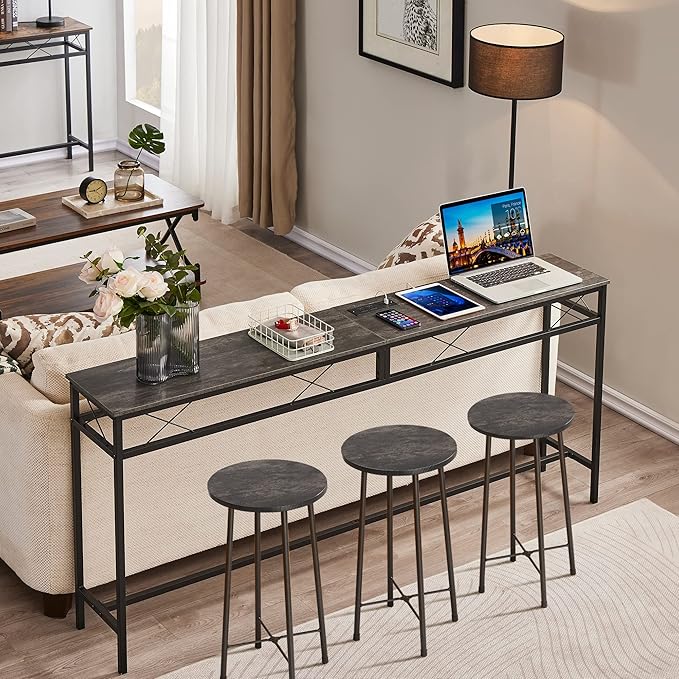 VECELO 71In Extra Long Narrow Sofa/Console Table with Charging Station & Power Outlet and USB Ports, for Entryway, Living Room, Office, Industrial, Dark Grey