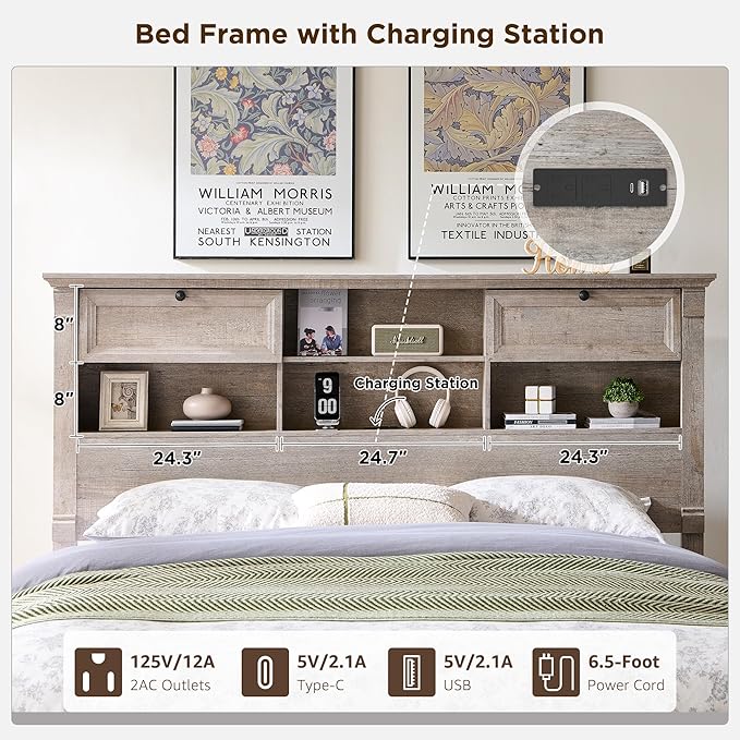 Farmhouse King Size Bed Frame with 54" Tall Storage Bookcase Headboard, 18" Roman Column Decoration Footboard,2 Drawer & 4 Storage Rack, Wood Platform Bed Frame, No Box Spring Needed(Light Rustic Oak)