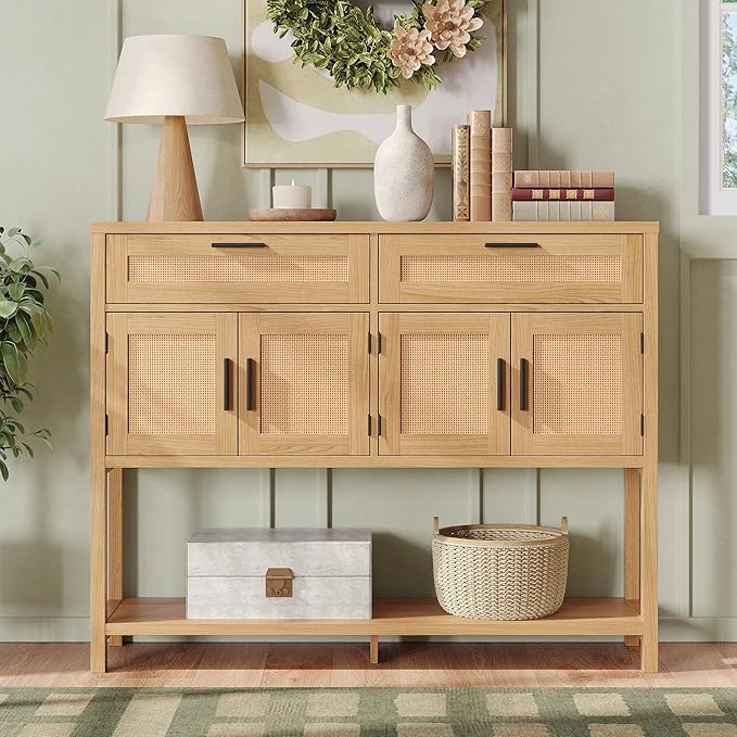Maupvit Entryway Console Table with Large Storage Space, Sofa Table with Rattan Cabinet Doors, Buffet Table for Living Room, Hallway, Foyer Furniture for Home Decor, Nature Wood Color