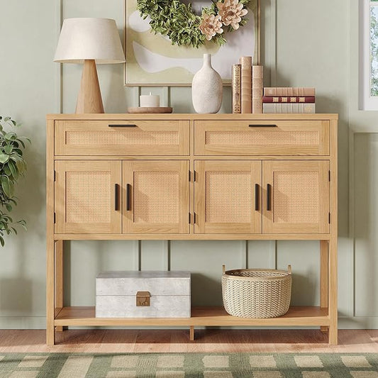 Maupvit Entryway Console Table with Large Storage Space, Sofa Table with Rattan Cabinet Doors, Buffet Table for Living Room, Hallway, Foyer Furniture for Home Decor, Nature Wood Color