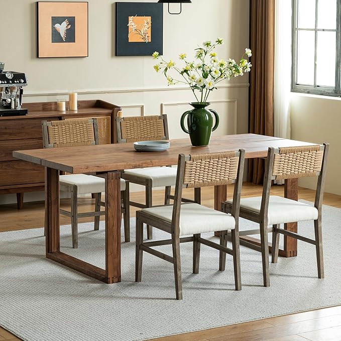 Chogori Wooden Dining Chairs, Modern Farmhouse Kitchen & Dining Room Accent Side Chairs with Woven Rope Back and Fabric Upholstered for Home, Living Room (Gray, Set of 6)