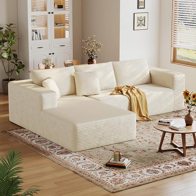 108'' Modular Sectional L-Shaped with Chair,Deep Seat Boneless Corner Couch for Living Room,Plush Corduroy Couch with Detachable Sofa Set,No Assembly (Left Facing Chaise,Beige)