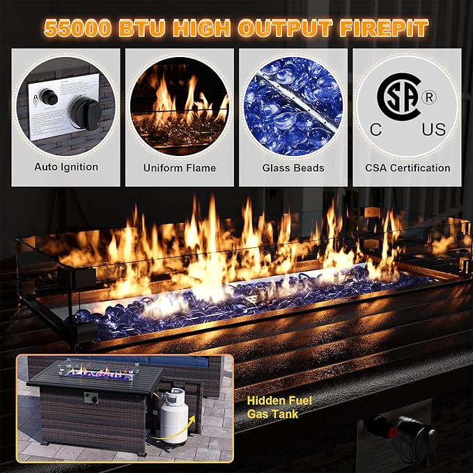 Kurapika 13 Pieces Patio Furniture Set, Rattan Wicker Outdoor Conversation Sets w/43in Propane Fire Pit Table(Navy Blue)