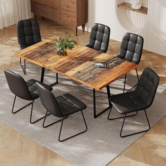 ZckyCine Extendable Dining Table Set 47"-63", Rustic Wood Table with 6 PU Leather Chairs, Modern Scandinavian Dining Room Furniture for Kitchen Apartment