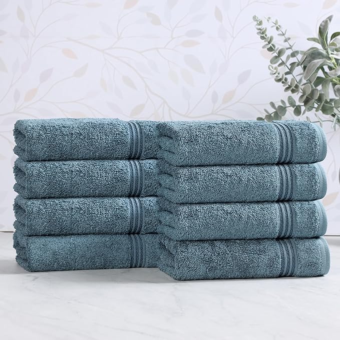 Superior Egyptian Cotton 8-Piece Hand Towel Set, Towel Basics For Quick Dry, Absorbent Small Towels, Facial, Spa, Kitchen, Bathroom Essentials, Apartment, Guest Bath, Soft, Washcloth, Sapphire