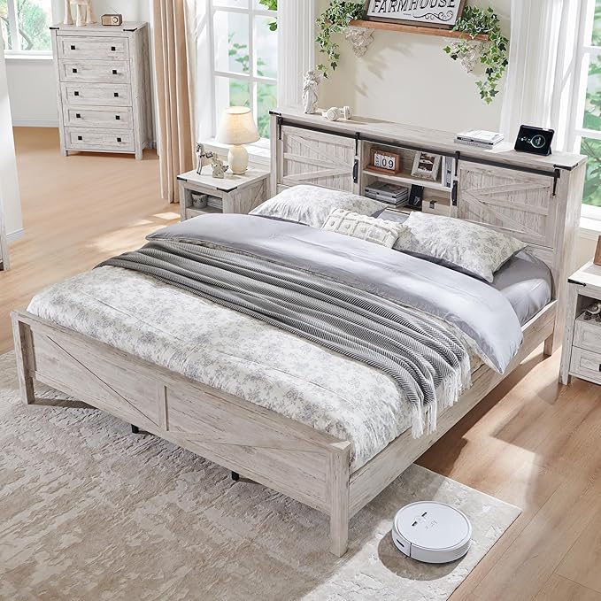 RedLemon Farmhouse King Size Bed Frame with Bookcase Headboard, Sliding Barn Door, Storage Cabinet, Charging Station, Wood Slats Support, No Box Spring Needed, Antique Brush White