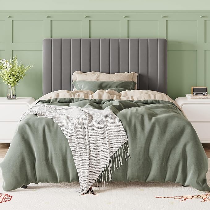 Allewie Twin Bed Frame, Velvet Upholstered Platform Bed with Adjustable Vertical Channel Tufted Headboard, Mattress Foundation with Strong Wooden Slats, Box Spring Optional, Easy Assembly, Grey